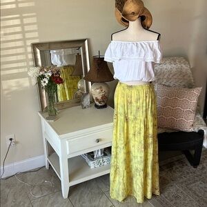 Boho yellow brown tie dye rayon festival summer pull on tiered maxi skirt OS